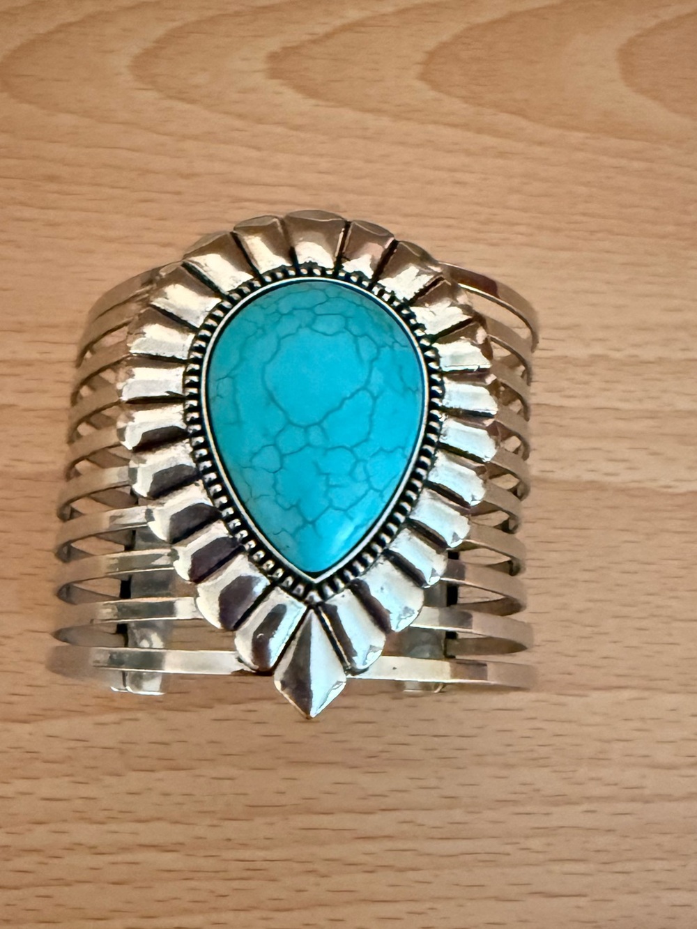 Turquoise Teardrop Statement Cuff Bracelet - Silver-Tone